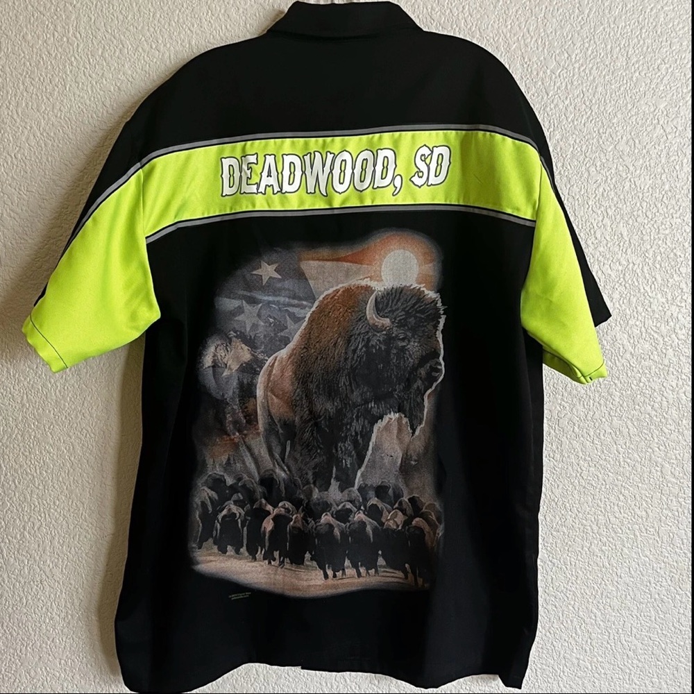 Biker Apparel‎ Men XL Liquid Blue Black Button Shirt Deadwood SD Bison Print